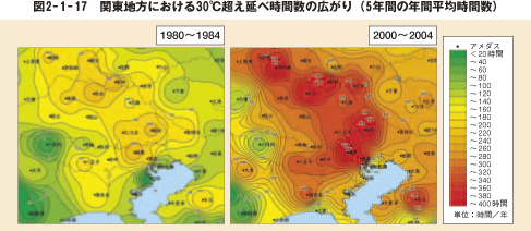 図2－1－17　関東地方における30℃超え延べ時間数の広がり（5年間の年間平均時間数）