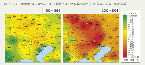 図2-1-22　関東地方における30℃を超えた延べ時間数の広がり（5年間の年間平均時間数）