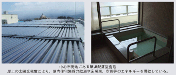 中心市街地にある環境配慮型施設　屋上の太陽光発電により、屋内住宅施設の給湯や床暖房、空調等のエネルギーを供給している。