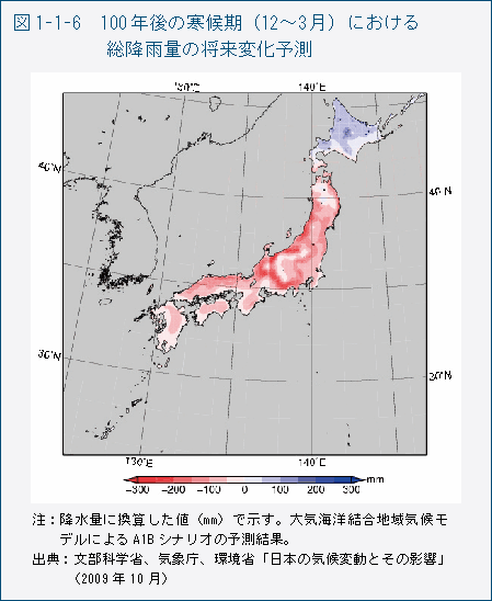 図1-1-6　100年後の寒候期（12～3月）における総降雨量の将来変化予測