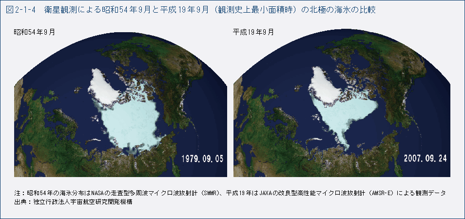 図2-1-4　衛星観測による昭和54年9月と平成19年9月（観測史上最小面積時）の北極の海氷の比較