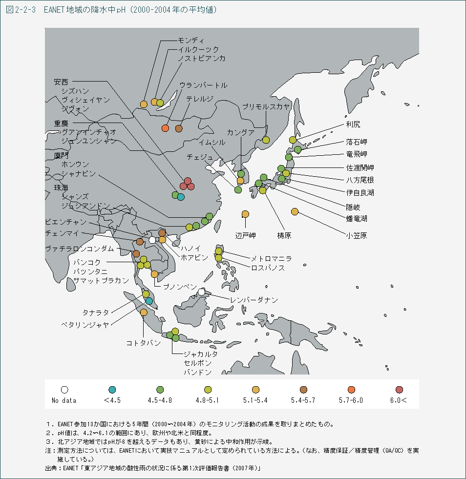 図2-2-3　EANET 地域の降水中pH（2000-2004年の平均値）