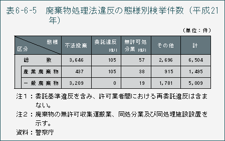 表6-6-5　廃棄物処理法違反の態様別検挙件数（平成21年）