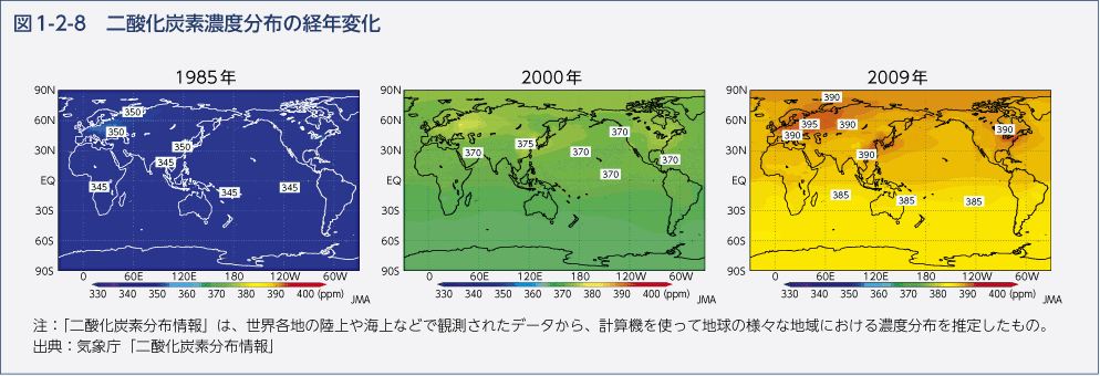 図1-2-8　二酸化炭素濃度分布の経年変化