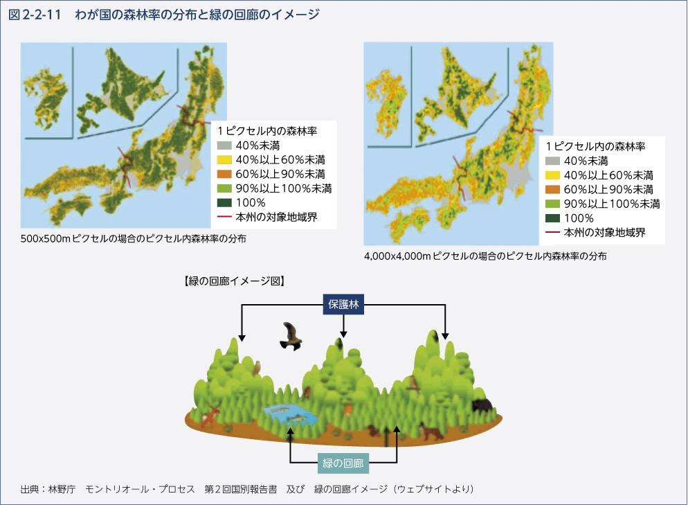 図2-2-11　わが国の森林率の分布と緑の回廊のイメージ