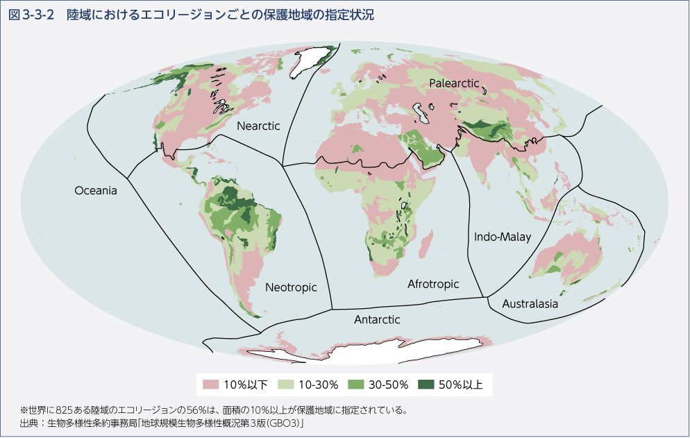 図3-3-2　陸域におけるエコリージョンごとの保護地域の指定状況