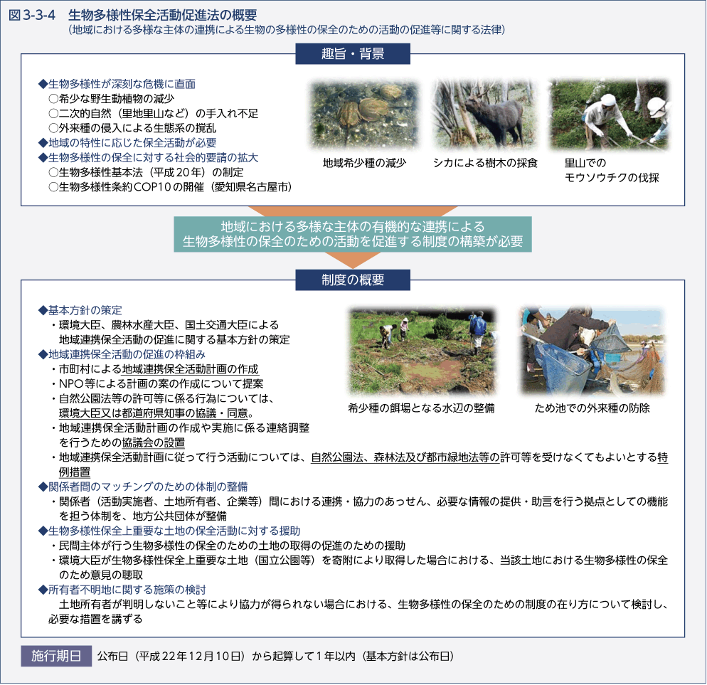 図3-3-4　生物多様性保全活動促進法の概要（地域における多様な主体の連携による生物の多様性の保全のための活動の促進等に関する法律）
