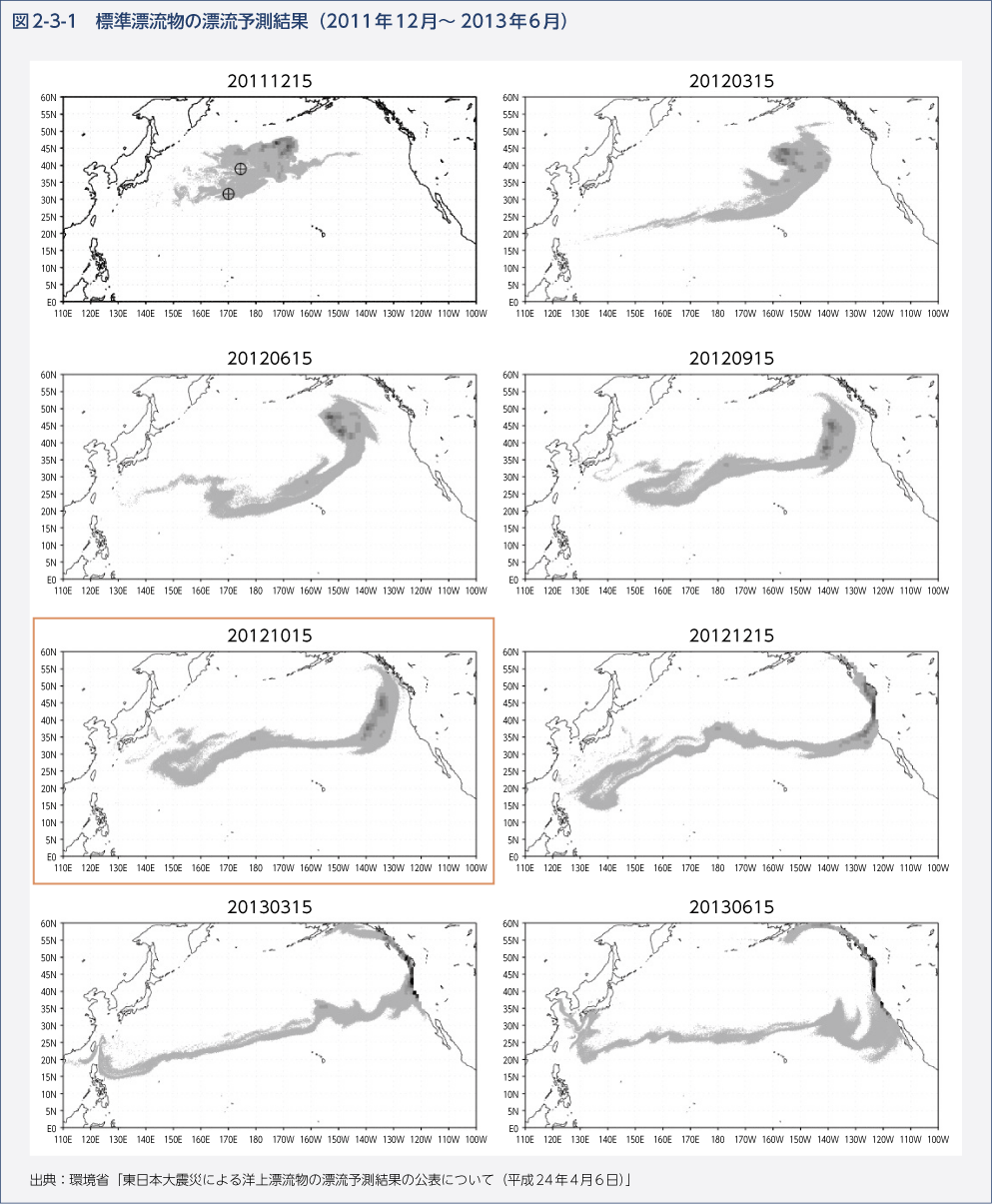図2-3-1　標準漂流物の漂流予測結果（2011年12月～2013年6月）