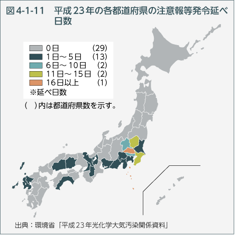 図4-1-11　平成23年の各都道府県の注意報等発令延べ日数