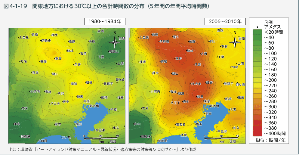 図4-1-19　関東地方における30℃以上の合計時間数の分布（5年間の年間平均時間数）