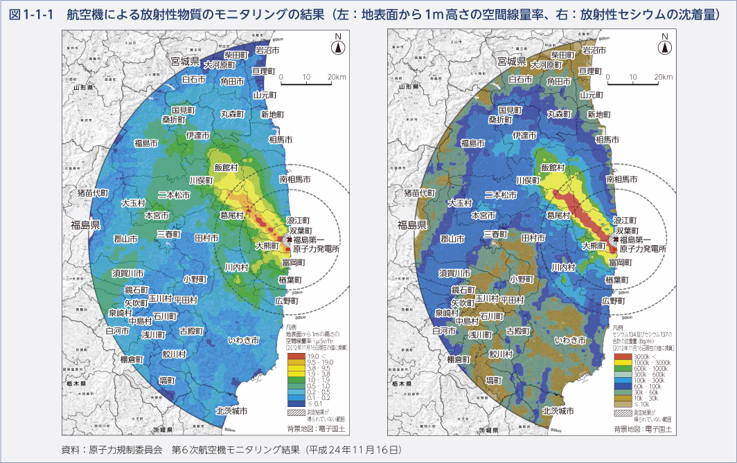 図1-1-1　航空機による放射性物質のモニタリングの結果（左：地表面から1m高さの空間線量率、右：放射性セシウムの沈着量）