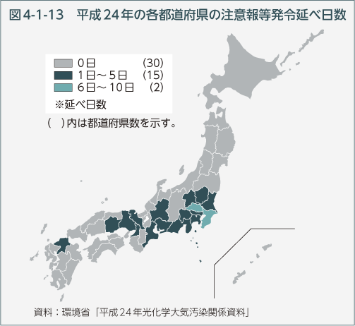 図4-1-13　平成24年の各都道府県の注意報等発令延べ日数