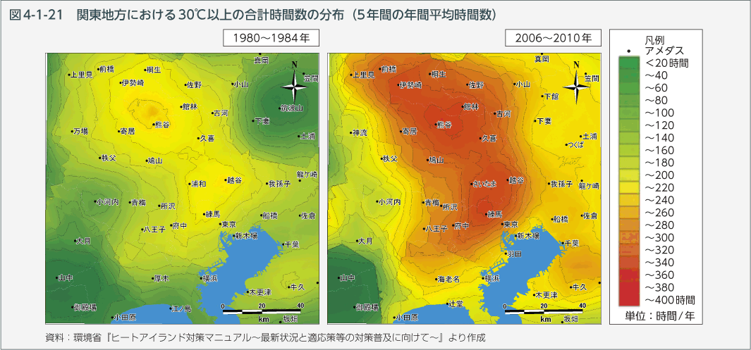 図4-1-21　関東地方における30℃以上の合計時間数の分布（5年間の年間平均時間数）