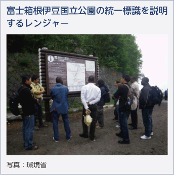 富士箱根伊豆国立公園の統一標識を説明するレンジャー