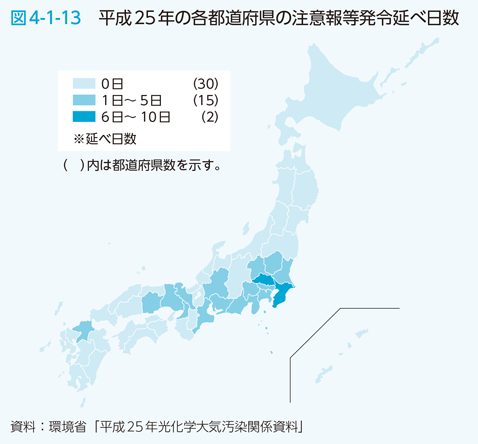 図4-1-13　平成25年の各都道府県の注意報等発令延べ日数