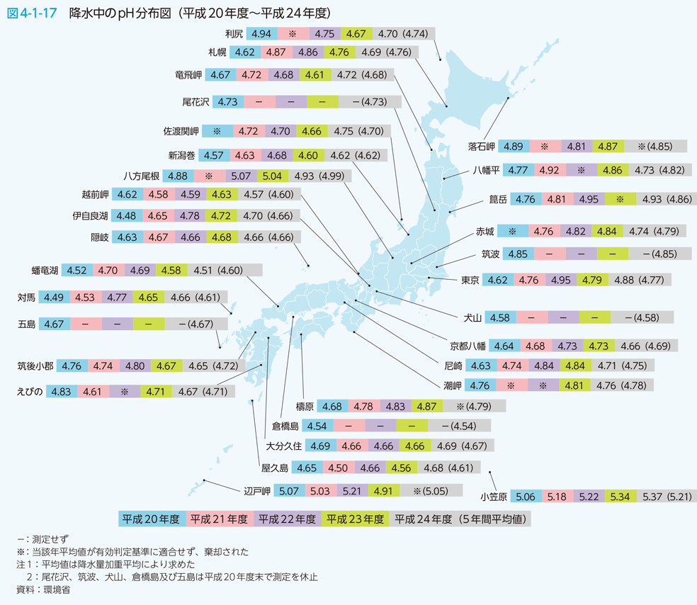 図4-1-17　降水中のpH分布図（平成20年度～平成24年度）