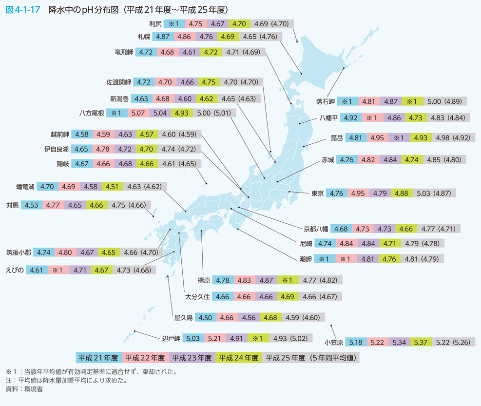 図4-1-17　降水中のpH分布図（平成21年度～平成25年度）