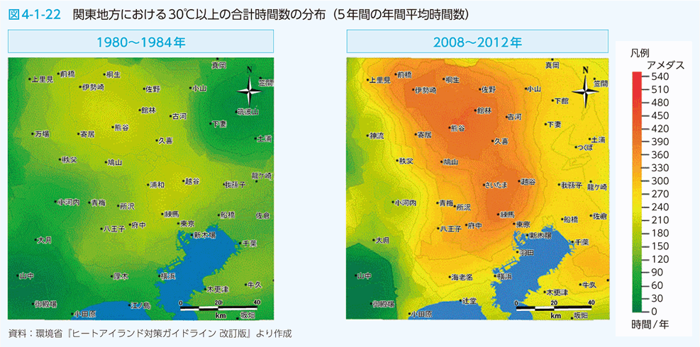 図4-1-22　関東地方における30℃以上の合計時間数の分布（5年間の年間平均時間数）
