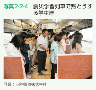 写真2-2-4　震災学習列車で黙とうする学生達
