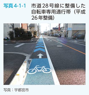 写真4-1-1　市道28号線に整備した自転車専用通行帯（平成26年整備）