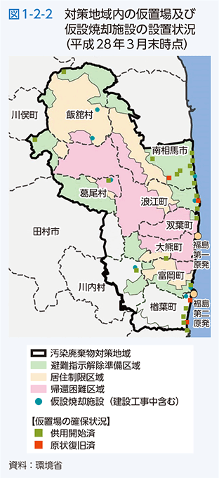 図1-2-2　対策地域内の仮置場及び仮設焼却施設の設置状況（平成28年3月末時点）