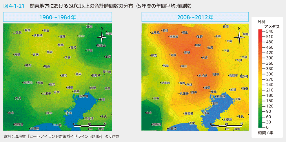 図4-1-21　関東地方における30℃以上の合計時間数の分布（5年間の年間平均時間数）