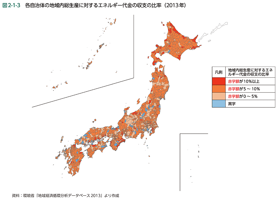 図2-1-3　各自治体の地域内総生産に対するエネルギー代金の収支の比率（2013年）