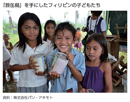 「救缶鳥」を手にしたフィリピンの子どもたち
