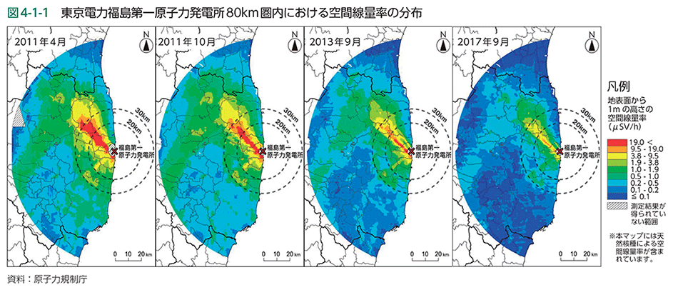 図4-1-1　東京電力福島第一原子力発電所80km圏内における空間線量率の分布