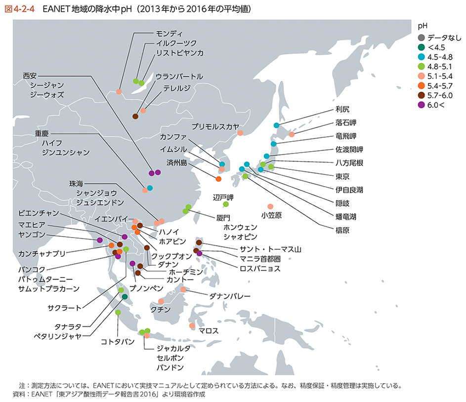 図4-2-4　EANET地域の降水中pH（2013年から2016年の平均値）