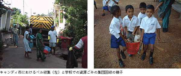 キャンディ市におけるベル回収（左）と学校での資源ごみの集団回収の様子