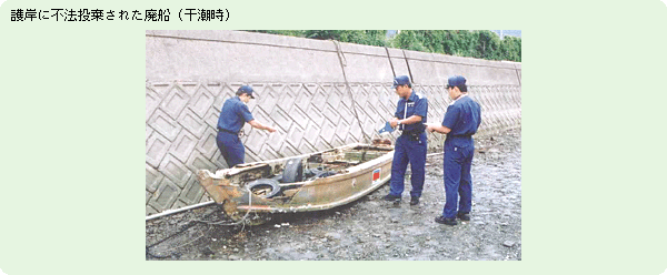 護岸に不法投棄された廃船（干潮時）