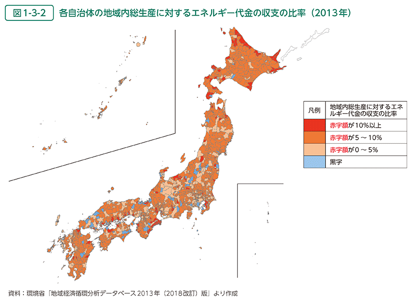 図1-3-2　各自治体の地域内総生産に対するエネルギー代金の収支の比率（2013年）