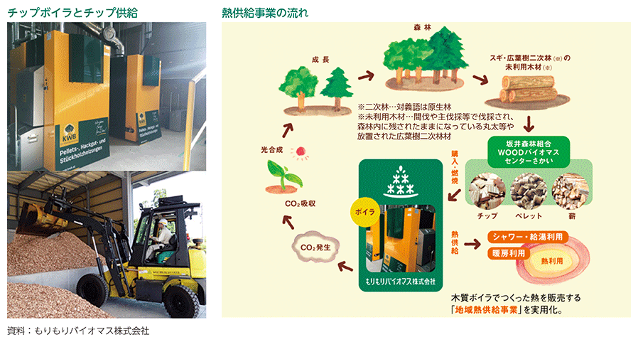 チップボイラとチップ供給、熱供給事業の流れ