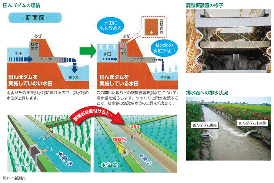 田んぼダムの理論、調整板設置の様子、排水路への排水状況