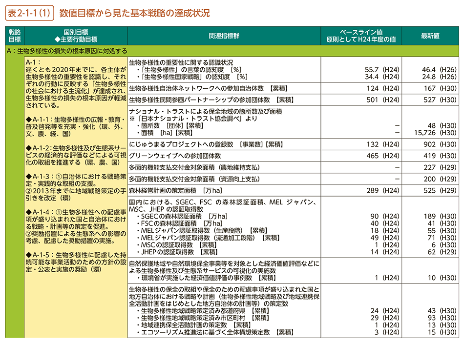 表2-1-1（1）　数値目標から見た基本戦略の達成状況