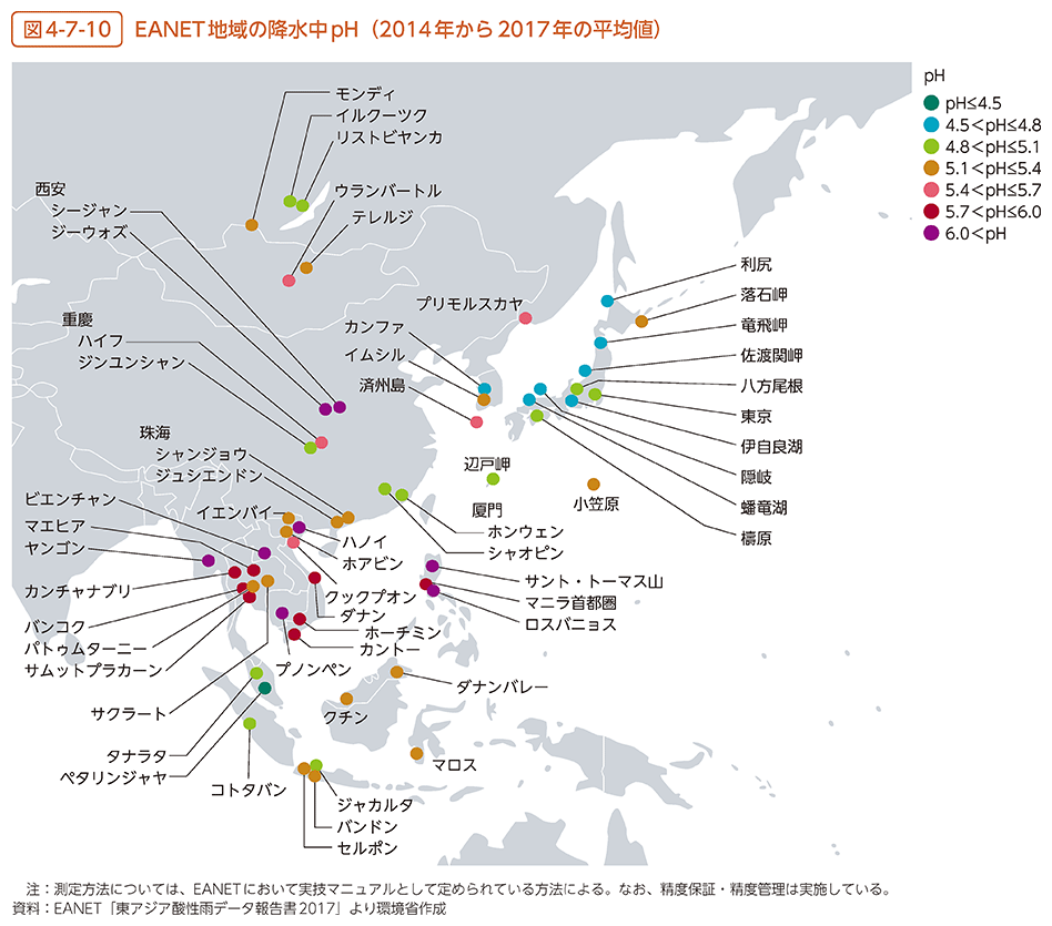 図4-7-10　EANET地域の降水中pH（2014年から2017年の平均値）