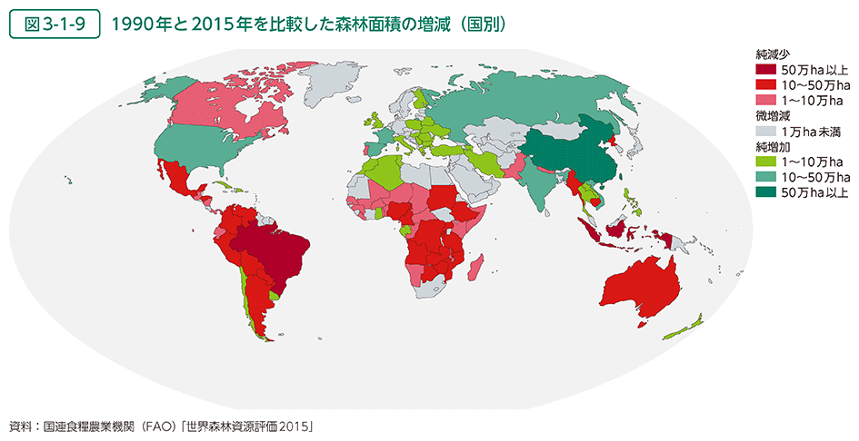 図3-1-9　1990年と2015年を比較した森林面積の増減（国別）