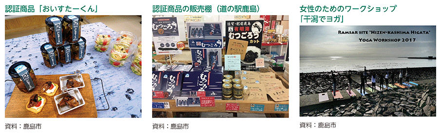 認証商品「おいすたーくん」、認証商品の販売棚（道の駅鹿島）、女性のためのワークショップ「干潟でヨガ」