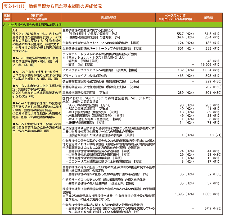 表2-1-1（1）　数値目標から見た基本戦略の達成状況