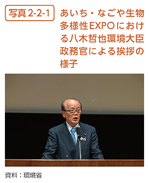 写真2-2-1　あいち・なごや生物多様性EXPOにおける八木哲也環境大臣政務官による挨拶の様子