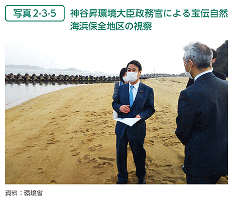 写真2-3-5　神谷昇環境大臣政務官による宝伝自然海浜保全地区の視察