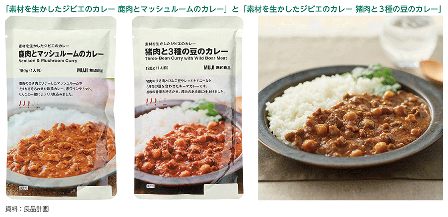 「素材を生かしたジビエのカレー 鹿肉とマッシュルームのカレー」と「素材を生かしたジビエのカレー 猪肉と3種の豆のカレー」