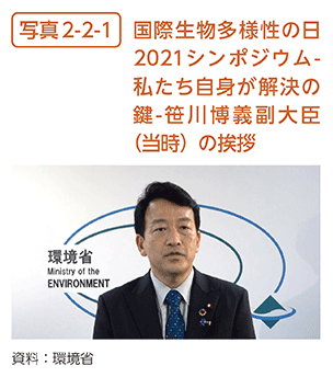 写真2-2-1　国際生物多様性の日2021シンポジウム-私たち自身が解決の鍵-笹川博義副大臣（当時）の挨拶