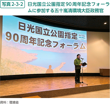 写真2-3-2　日光国立公園指定90周年記念フォーラムに参加する五十嵐清環境大臣政務官