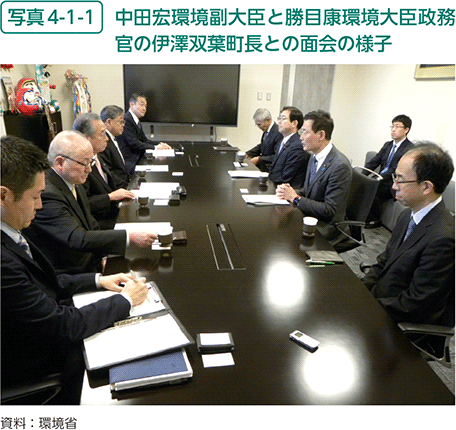 写真4-1-1　中田宏環境副大臣と勝目康環境大臣政務官の伊澤双葉町長との面会の様子