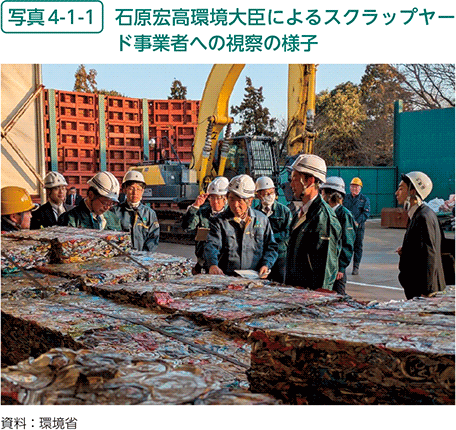 写真4-1-1 石原宏高環境大臣によるスクラップヤード事業者への視察の様子