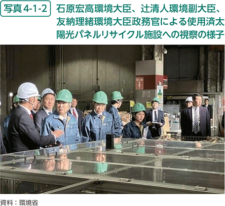 写真4-1-2 石原宏高環境大臣、辻清人環境副大臣、友納理緒環境大臣政務官による使用済太陽光パネルリサイクル施設への視察の様子