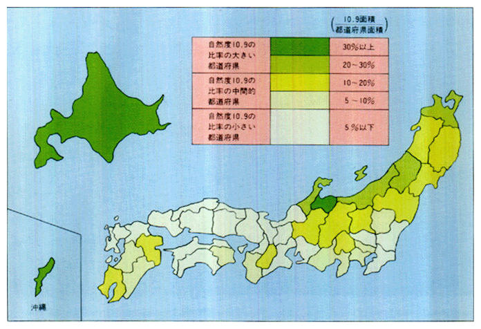 ●植生自然度10.9（自然度の高い天然林・自然草原）比率図（都道府県別）