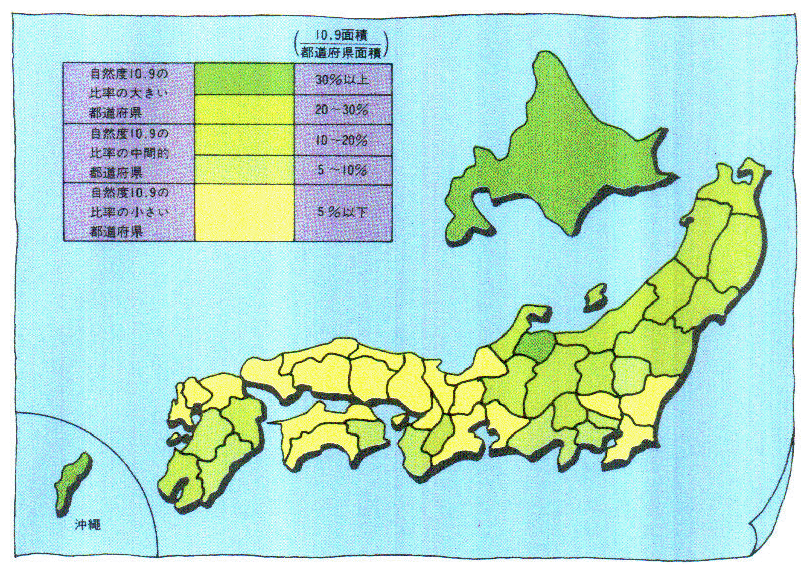 ●植生自然度10.9（自然度の高い天然林・自然草原）比率図（都道府県別）